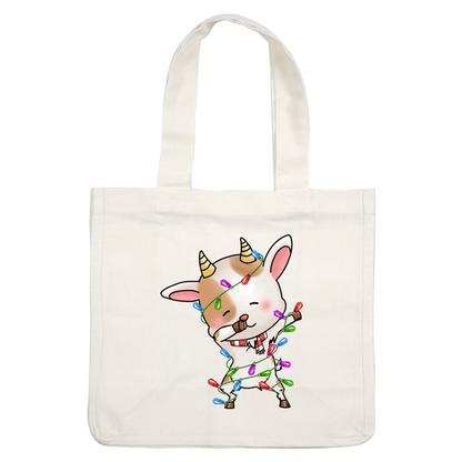 A cute cartoon goat playfully wrapped in colorful Christmas lights, wearing a striped scarf and sporting adorable horns. heat press transfers