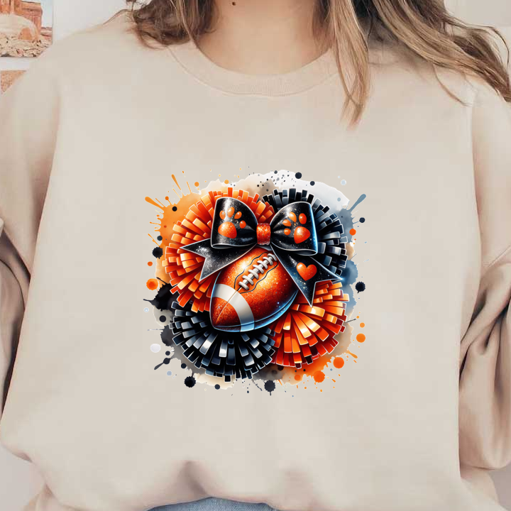 A vibrant artwork featuring a football adorned with a large bow and playful paw prints, surrounded by colorful pom-poms.DTF Transfers dtf prints