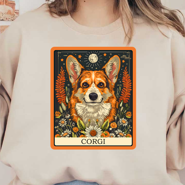 Una ilustración vibrante de un corgi rodeado de flores y follaje, que muestra su expresión alegre y su espíritu juguetón.