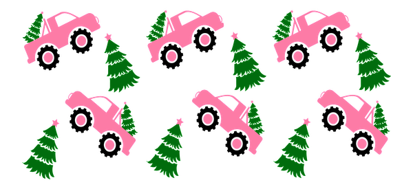 A playful pattern featuring pink trucks carrying vibrant green Christmas trees, perfect for festive designs and decorations.UV Transfers dtf transfers