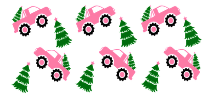 A playful pattern featuring pink trucks carrying vibrant green Christmas trees, perfect for festive designs and decorations.UV Transfers dtf transfers