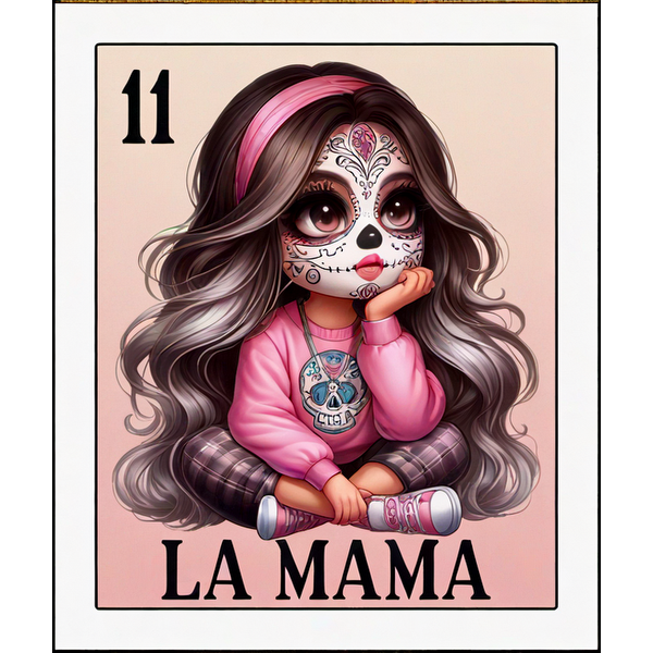 Una linda y estilizada ilustración de una niña con un diseño de cara de calavera de azúcar, vistiendo un suéter rosa y pantalones a cuadros.