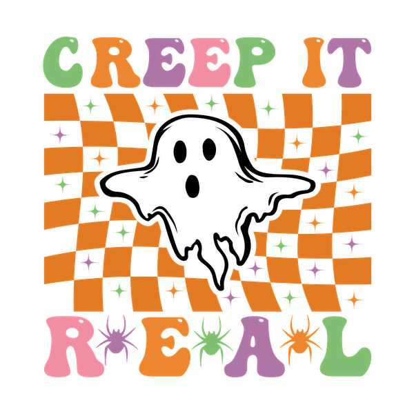 A playful Halloween-themed design featuring the phrase "Creep It Real" surrounded by colorful checkerboard patterns and whimsical spider motifs.dtf regular iron