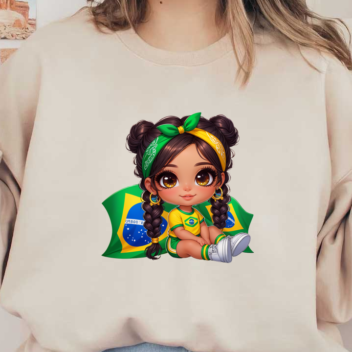 Una linda chica de estilo chibi que viste una camiseta amarilla brillante de Brasil se sienta con banderas verdes y amarillas, mostrando el orgullo nacional. Transferencias DTF