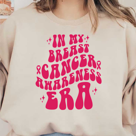 Este gráfico rosa vibrante promueve la concientización sobre el cáncer de mama con letras psicodélicas, enfatizando la importancia de la concientización y el apoyo.