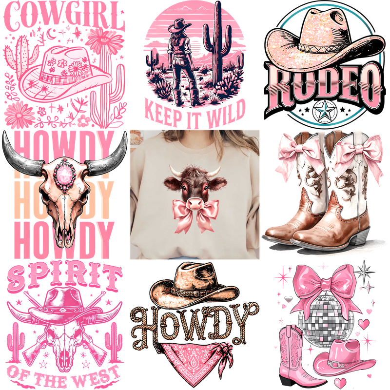 A fun collection of cowgirl-themed graphics showcasing boots, hats, and spirit!DTF Transfers