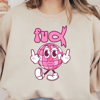 A playful pink disco ball character flashing a peace sign with the text "fuα" above, exuding fun and attitude. dtf transfers