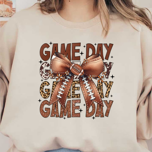 A vibrant "Game Day" graphic featuring a football-themed bow, embellished with flowers, perfect for sports enthusiasts. dtf prints