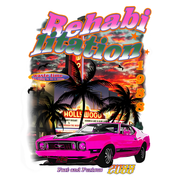 Un gráfico vibrante que presenta un clásico muscle car rosa con palmeras, un fondo retro de Hollywood y un texto divertido.