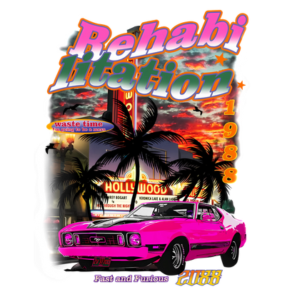 Un gráfico vibrante que presenta un clásico muscle car rosa con palmeras, un fondo retro de Hollywood y un texto divertido.