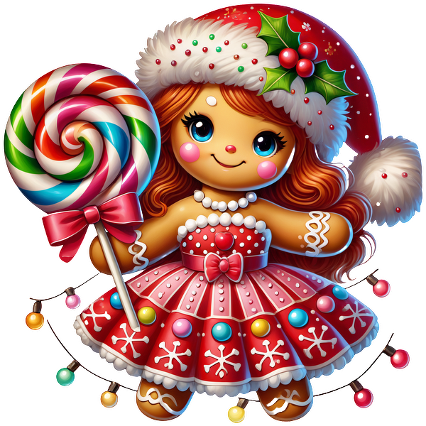 This festive gingerbread girl in a red dress holds a colorful lollipop, adorned with candy details and a holiday hat.DTF Transfers