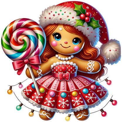 This festive gingerbread girl in a red dress holds a colorful lollipop, adorned with candy details and a holiday hat.DTF Transfers