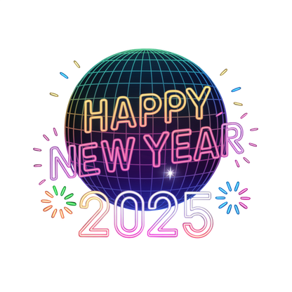 Celebrate the arrival of 2025 with a vibrant neon "Happy New Year" design featuring a colorful globe and festive fireworks!DTF Transfers