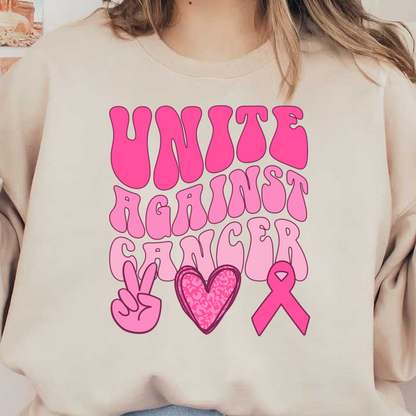 Un gráfico rosa vibrante que promueve la concientización sobre el cáncer, con la frase "ÚNETE CONTRA EL CÁNCER" junto con un símbolo de paz, un corazón y una cinta rosa.