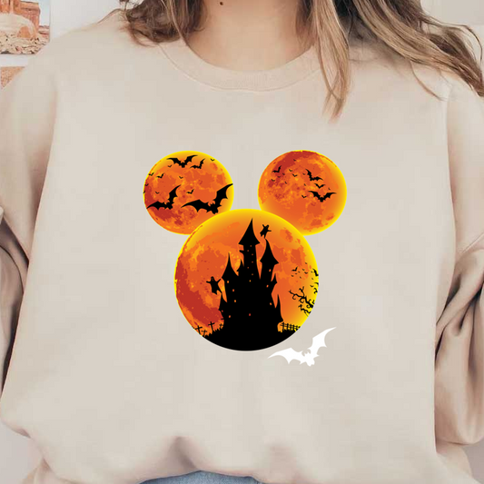 Un diseño espeluznante inspirado en Halloween que presenta un castillo en silueta, murciélagos y tres círculos lunares de color naranja vibrante.