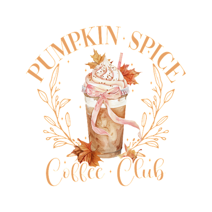 Celebre el otoño con este encantador diseño "Pumpkin Spice Coffee Club" que presenta una deliciosa bebida con especias de calabaza adornada con hojas de otoño.