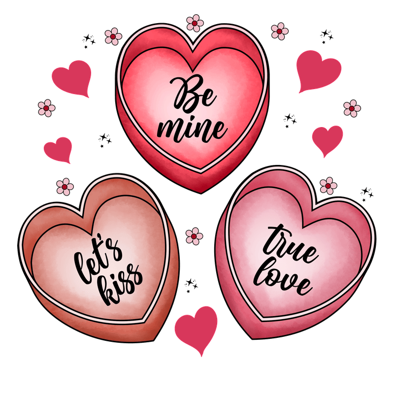 Colorful heart illustrations featuring sweet sentiments like "Be mine," "Let's kiss," and "True love," perfect for romantic occasions.DTF Transfers