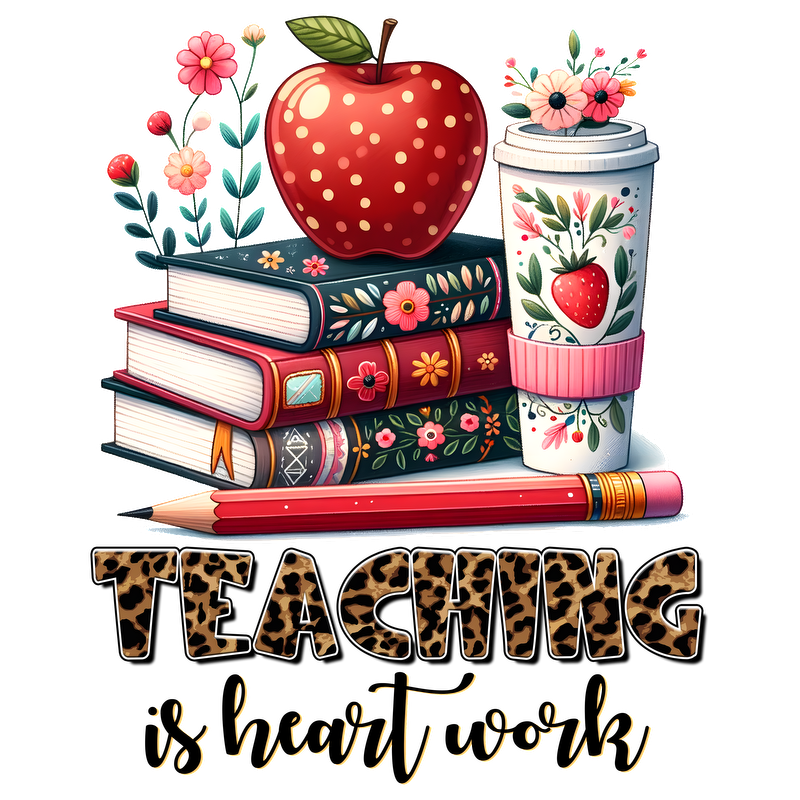 A vibrant illustration featuring stacked books, a red polka-dotted apple, a decorative cup, a pencil, and the phrase "Teaching is heartwork."DTF Transfers