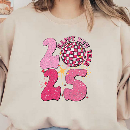 Celebrate the New Year with this sparkling design featuring the year 2025 and a shining disco ball!DTF Transfers heat press transfers