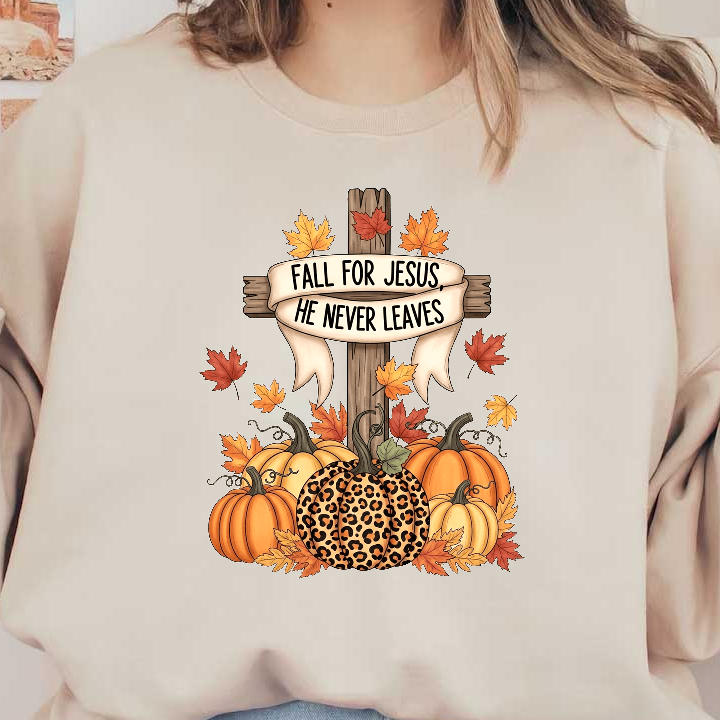 A festive autumn design featuring pumpkins and a cross with a heartfelt message.DTF Transfers