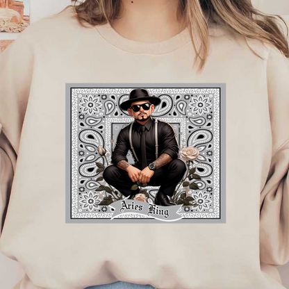 Una elegante ilustración de un hombre vestido completamente de negro con tatuajes, gafas de sol y un sombrero, rodeado de patrones florales.