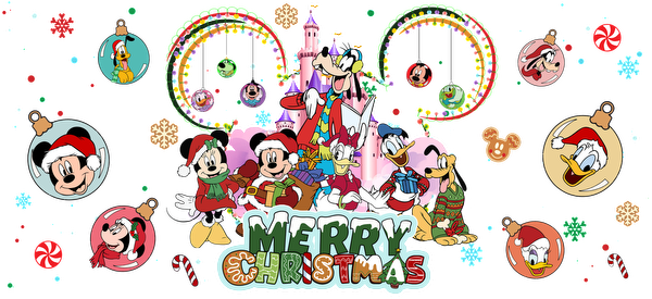 Celebrate the holiday spirit with beloved Disney characters in festive attire, surrounded by colorful decorations and a cheerful "Merry Christmas" message!UV Transfers dtf prints