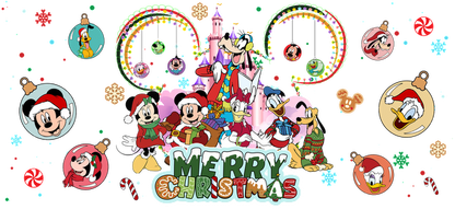 Celebrate the holiday spirit with beloved Disney characters in festive attire, surrounded by colorful decorations and a cheerful "Merry Christmas" message!UV Transfers dtf prints