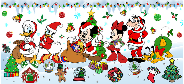 A festive Disney scene featuring beloved characters in Santa costumes, surrounded by Christmas decorations and cheerful winter elements.UV Transfersdtf regular iron