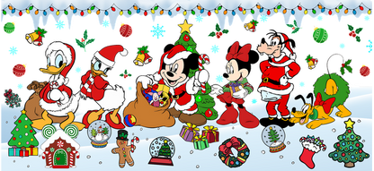 A festive Disney scene featuring beloved characters in Santa costumes, surrounded by Christmas decorations and cheerful winter elements.UV Transfersdtf regular iron