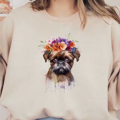 Una encantadora ilustración de un perro adornado con una vibrante corona de flores, rodeado de coloridas salpicaduras de acuarela.