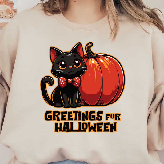 Un lindo gato negro con una pajarita se sienta junto a una calabaza vibrante, con un divertido mensaje de "Saludos para Halloween".