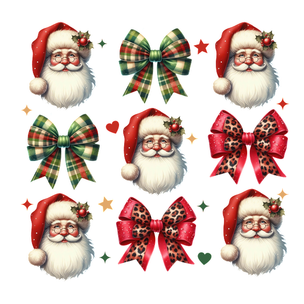 A festive collection featuring cheerful Santa faces and colorful holiday bows in various styles and patterns. dtf prints