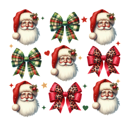 A festive collection featuring cheerful Santa faces and colorful holiday bows in various styles and patterns. dtf prints