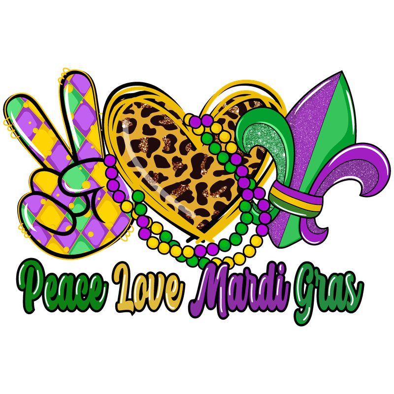 Celebrate Mardi Gras with vibrant colors and playful symbols, featuring a peace sign, heart, and festive beads!DTF Transfers