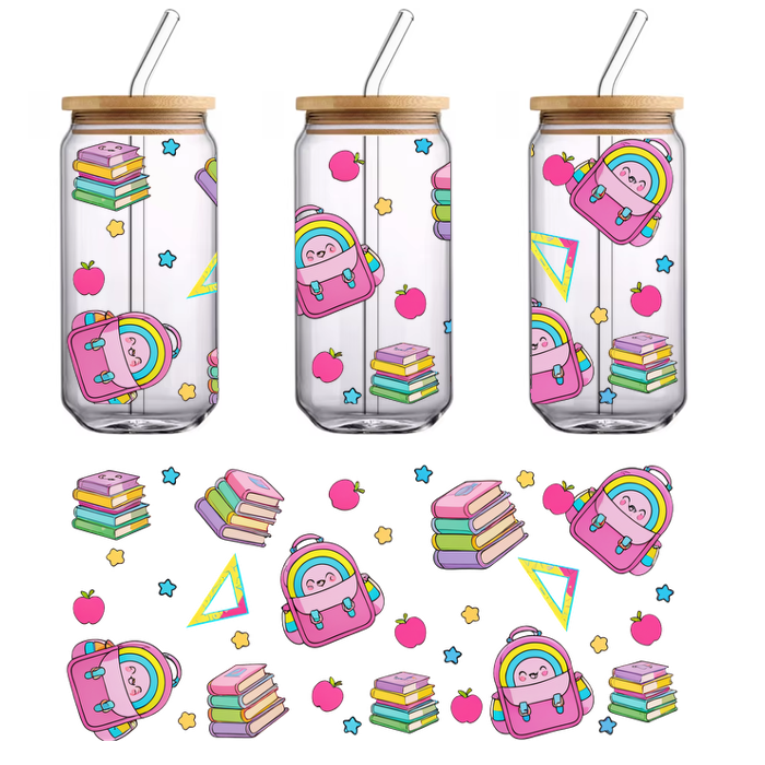 A colorful, playful pattern featuring cute pink backpacks, stacked books, apples, and geometric shapes, perfect for a cheerful design.UV Transfersdtf regular iron