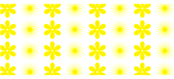 Patrón floral de color amarillo brillante con flores estilizadas y diseños de rayos de sol sobre un fondo contrastante, perfecto para una decoración vibrante. Transferencias UV