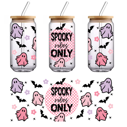 A playful and colorful "Spooky Vibes Only" design featuring cute ghosts and flowers, perfect for Halloween fun!UV Transfersdtf regular iron