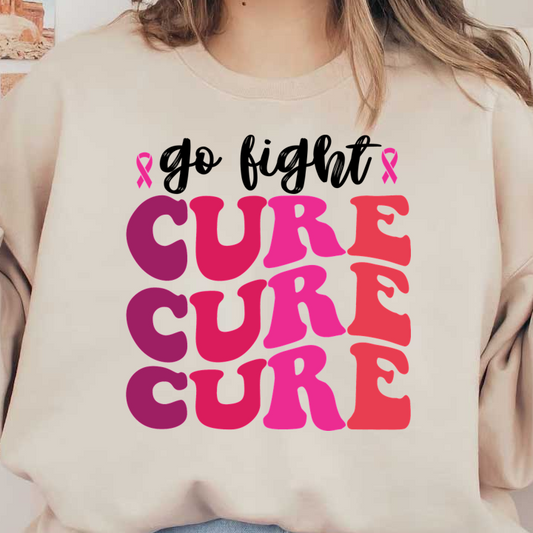 Diseño de texto colorido "CURE" con varios tonos de rosa, que enfatiza el apoyo y la concientización, junto con un símbolo de cinta rosa.