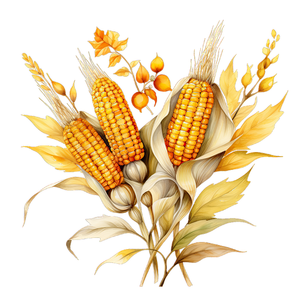 A beautiful illustration of three golden corn cobs surrounded by vibrant autumn leaves and delicate wildflowers.dtf regular iron