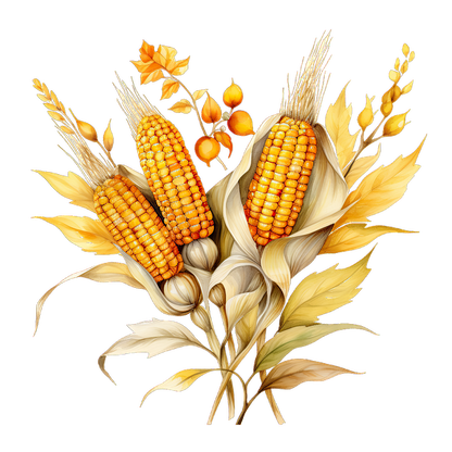 A beautiful illustration of three golden corn cobs surrounded by vibrant autumn leaves and delicate wildflowers.dtf regular iron