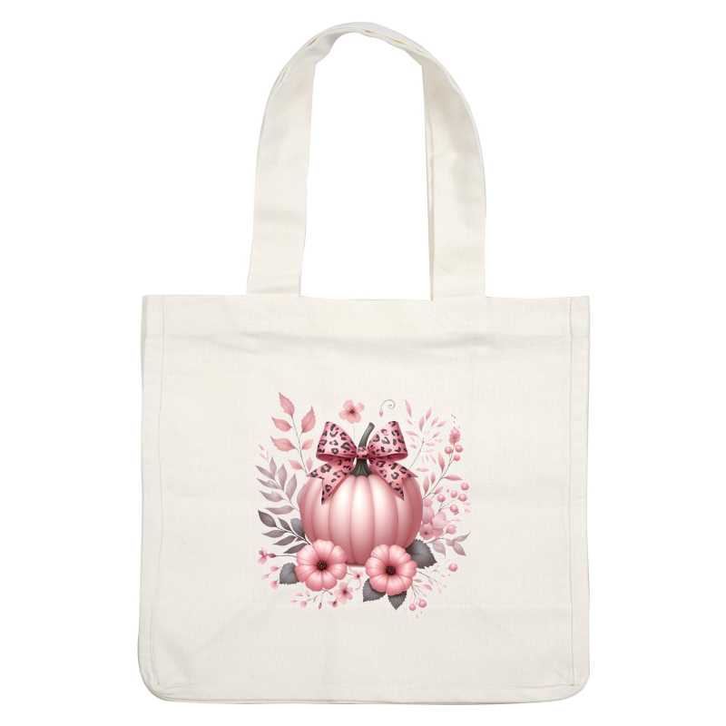 A charming pink pumpkin adorned with a leopard-print bow, surrounded by delicate flowers and leafy accents, perfect for fall decor. heat press transfers