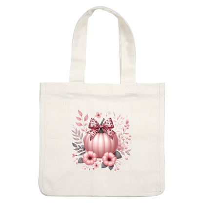 A charming pink pumpkin adorned with a leopard-print bow, surrounded by delicate flowers and leafy accents, perfect for fall decor. heat press transfers