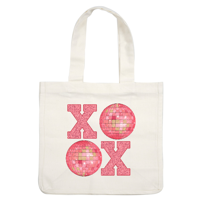 Vibrant pink glitter letters 'XOXO' paired with sparkling disco balls, perfect for a fun party or festive decor!DTF Transfers