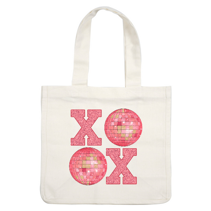 Vibrant pink glitter letters 'XOXO' paired with sparkling disco balls, perfect for a fun party or festive decor!DTF Transfers