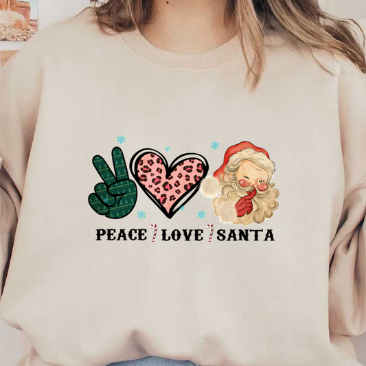 Un diseño festivo caprichoso que presenta un símbolo de la paz, un corazón con estampado de leopardo y un Papá Noel divertido con bastones de caramelo.