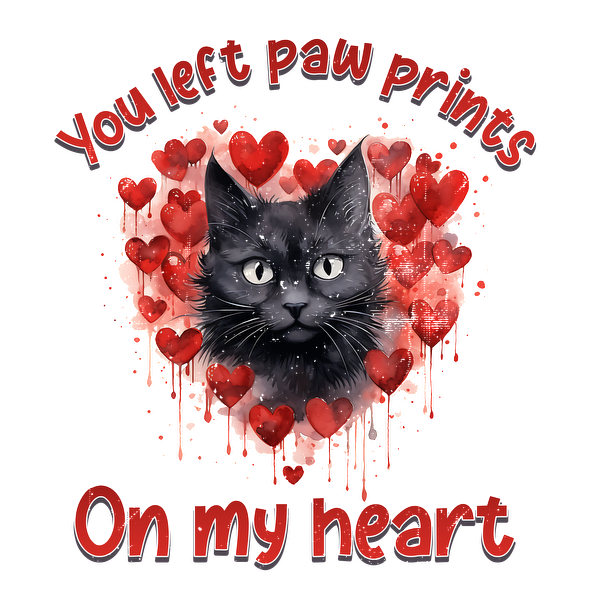 Una encantadora ilustración que presenta un gato negro rodeado de corazones rojos y la frase "Dejaste huellas en mi corazón".