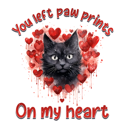 Una encantadora ilustración que presenta un gato negro rodeado de corazones rojos y la frase "Dejaste huellas en mi corazón".