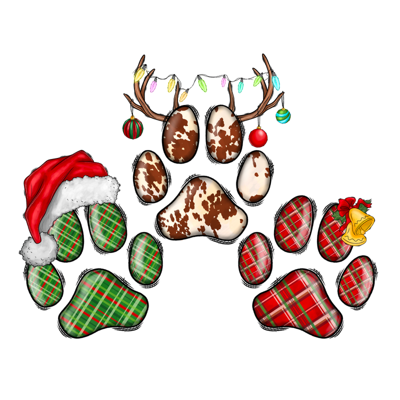 Festive paw prints adorned with a Santa hat, plaid patterns, and holiday decorations, perfect for celebrating the Christmas spirit!DTF Transfers dtf prints