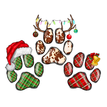 Festive paw prints adorned with a Santa hat, plaid patterns, and holiday decorations, perfect for celebrating the Christmas spirit!DTF Transfers dtf prints