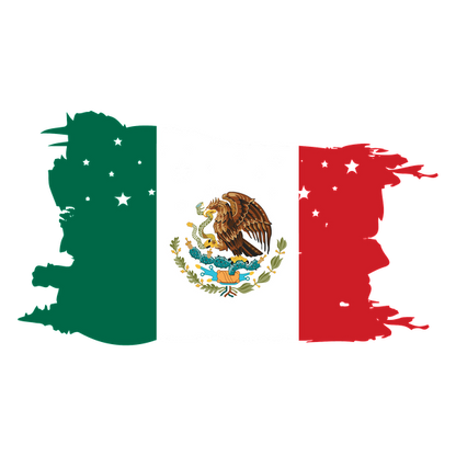 A vibrant depiction of the Mexican flag, featuring green, white, and red vertical stripes with an eagle and serpent emblem at the center.dtf regular iron